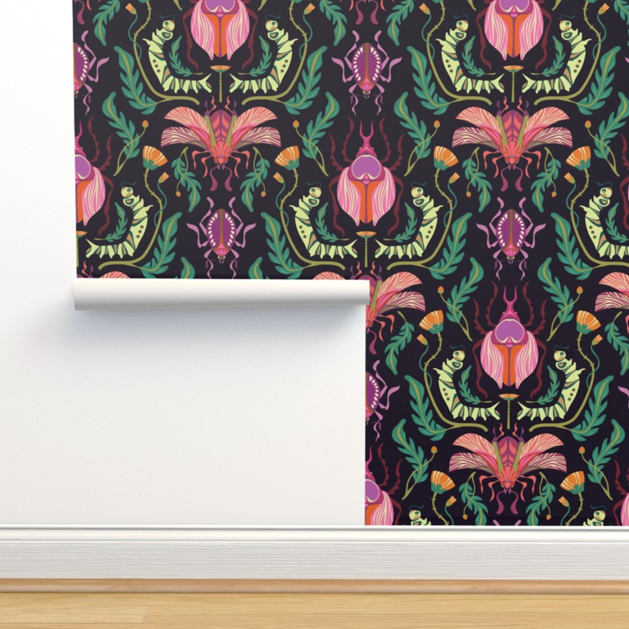 Bugs Damask Nature Art Deco Garden Spring Kids Nouveau Black Pink Teal Beetles Dandelions Insects Caterpillar Custom Pre-pasted Wallpaper by Spoonflower Pre-Pasted Wallpaper 2FT Wide